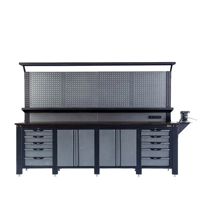 TMG Industrial 10’ Extreme-Duty Steel Garage Workbench w/Pegboards and 4" Bench Vice, Adjustable Shelving, Power Outlets, USB Port, Magnetic Motion LED Lamps, TMG-WBC10