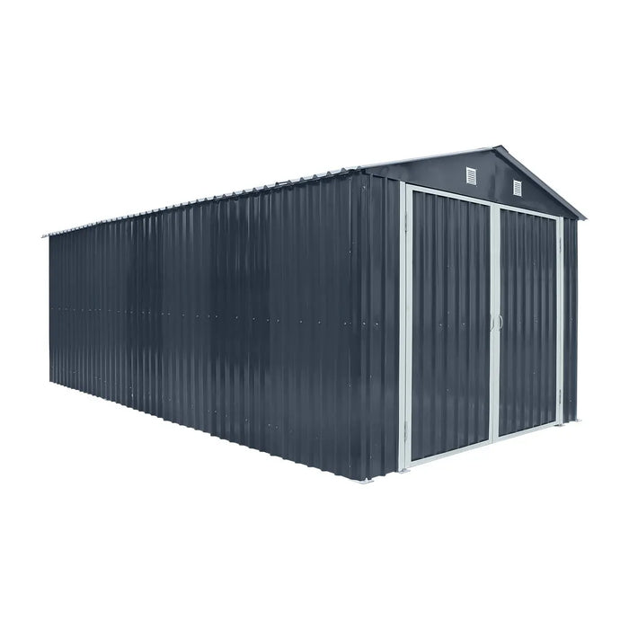 10' x 20' metal garage shed with double front doors, side entry door, charcoal grey finish, and 200 sq-ft of floor space – packed in wooden crate for shipping.