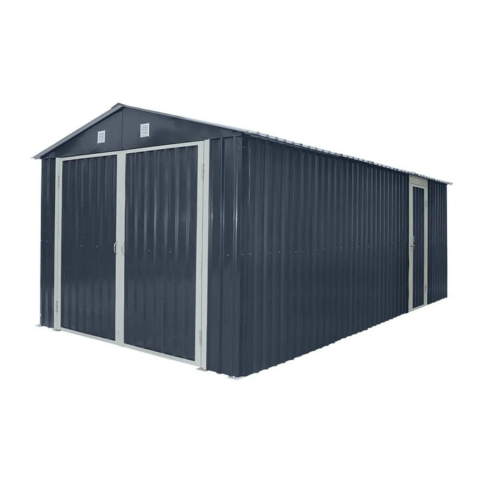 10' x 20' metal garage shed with double front doors, side entry door, charcoal grey finish, and 200 sq-ft of floor space – packed in wooden crate for shipping.