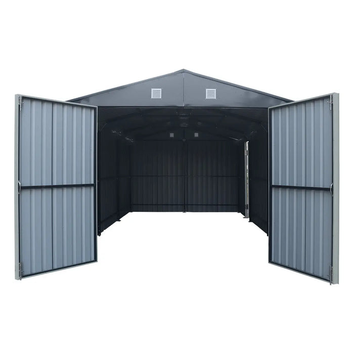 10' x 20' metal garage shed with double front doors, side entry door, charcoal grey finish, and 200 sq-ft of floor space – packed in wooden crate for shipping.