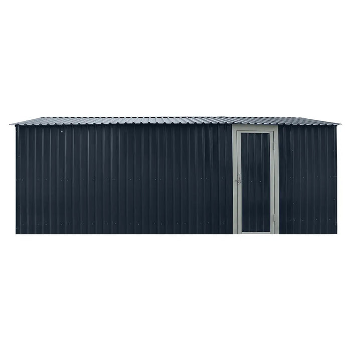 10' x 20' metal garage shed with double front doors, side entry door, charcoal grey finish, and 200 sq-ft of floor space – packed in wooden crate for shipping.