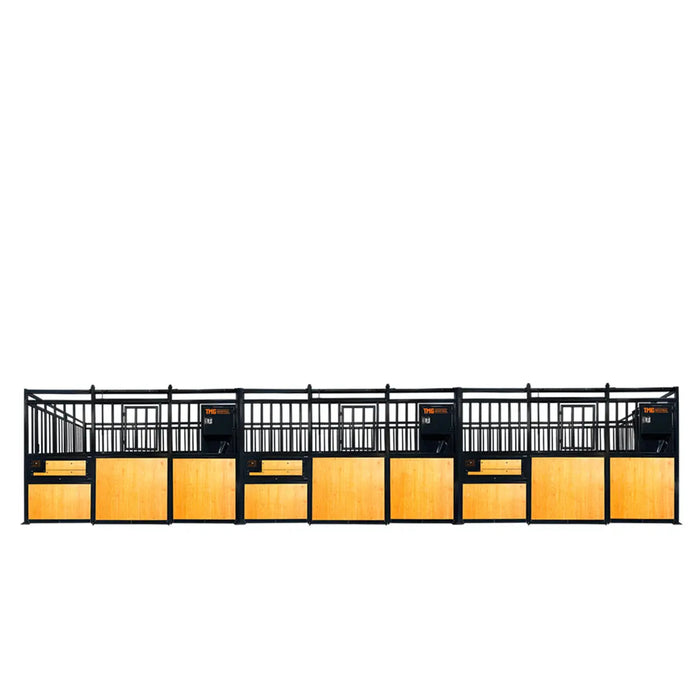 12’ Horse Stall Pine Lumber Panel, Vertical Bar Top & Wood-Filled Bottom, Front panel c/w Window/Feeder and Sliding Door, TMG-FHS12A and FHS12B