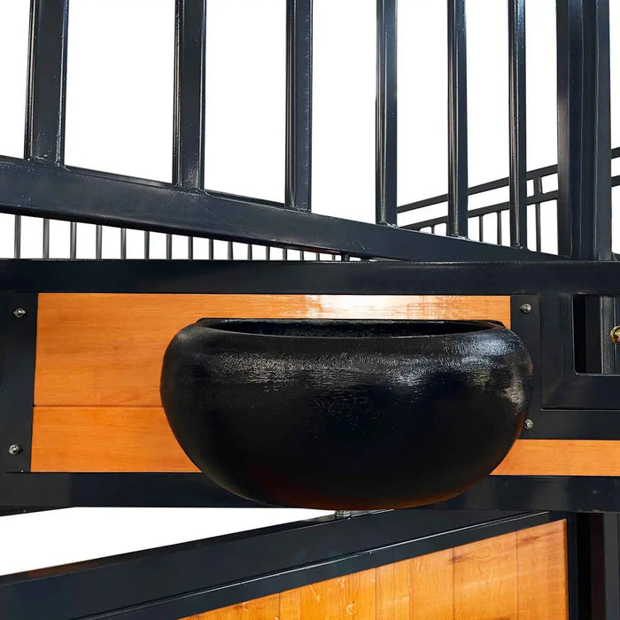 12’ Horse Stall Pine Lumber Panel, Vertical Bar Top & Wood-Filled Bottom, Front panel c/w Window/Feeder and Sliding Door, TMG-FHS12A and FHS12B