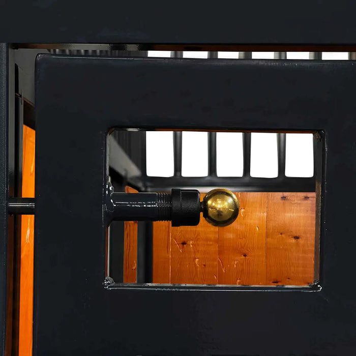 12’ Horse Stall Pine Lumber Panel, Vertical Bar Top & Wood-Filled Bottom, Front panel c/w Window/Feeder and Sliding Door, TMG-FHS12A and FHS12B