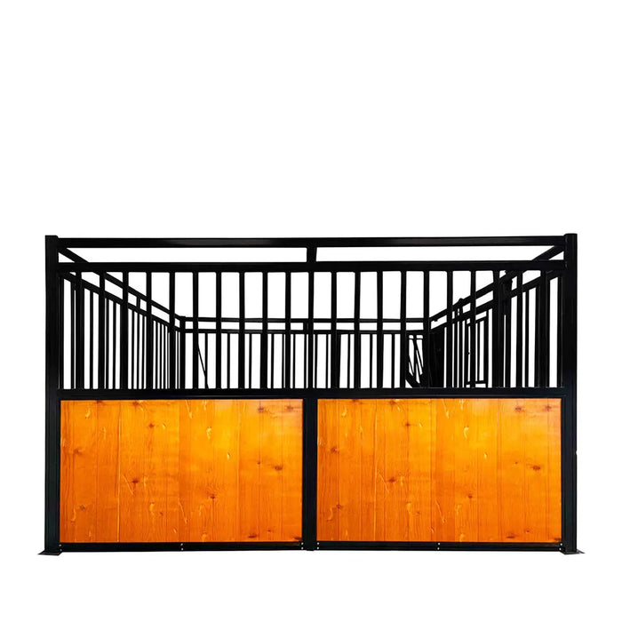 12’ Horse Stall Pine Lumber Panel, Vertical Bar Top & Wood-Filled Bottom, Front panel c/w Window/Feeder and Sliding Door, TMG-FHS12A and FHS12B