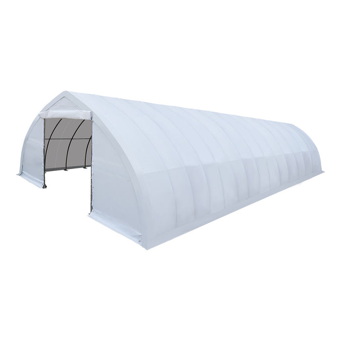 TMG-ST3062V 30x60 peak ceiling storage shelter with heavy duty 17 oz PVC cover, galvanized steel frame, and drive-through roll-up doors for equipment storage