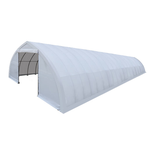 TMG-ST3082E 30x80 peak ceiling storage shelter with heavy duty 11 oz PE cover, galvanized steel frame, and drive-through roll-up doors for large equipment storage