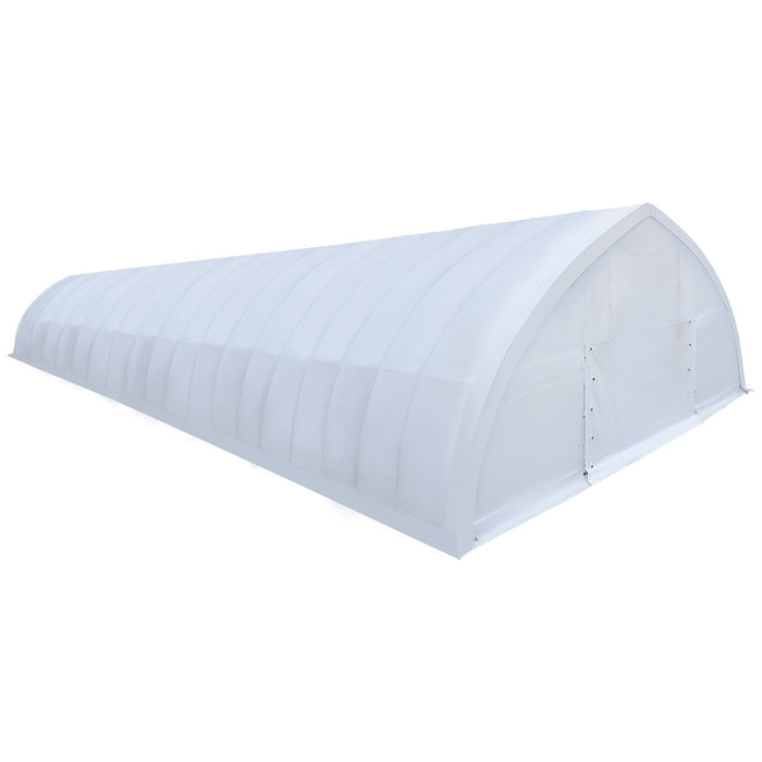 TMG-ST3082V 30x80 peak ceiling storage shelter with heavy duty 17 oz PVC cover, galvanized steel frame, and drive-through roll-up doors for large equipment storage