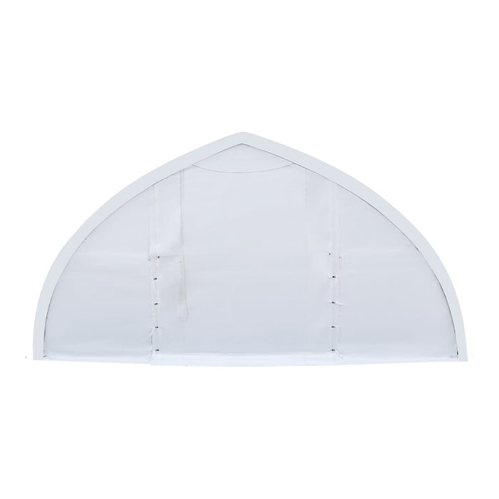 TMG-ST3082V 30x80 peak ceiling storage shelter with heavy duty 17 oz PVC cover, galvanized steel frame, and drive-through roll-up doors for large equipment storage