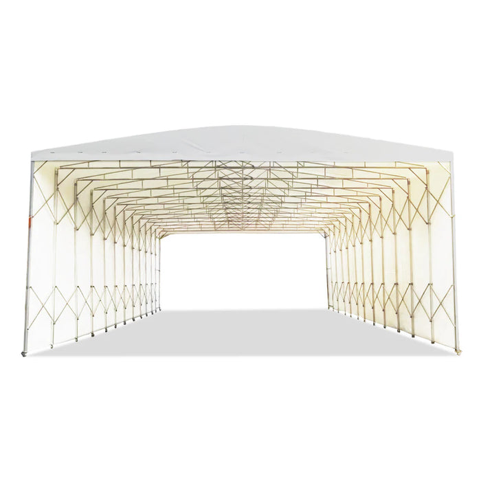 TMG-ST3337M Retractable Mobile Shelter, 33' x 37' footprint, 20' clearance height, 28 oz PVC cover, lockable 8" wheels
