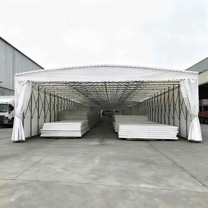 TMG-ST3337M Retractable Mobile Shelter, 33' x 37' footprint, 20' clearance height, 28 oz PVC cover, lockable 8" wheels
