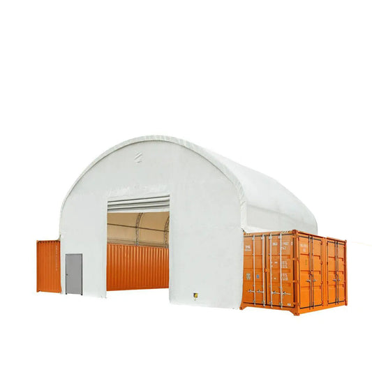 TMG-DT4022CG8 40' x 20' dual truss container shelter with heavy duty 21 oz PVC cover and fully enclosed front and back walls
