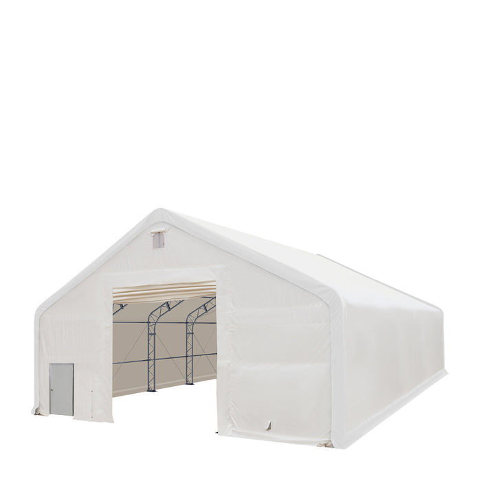 TMG-DT4042 40' x 40' dual truss storage shelter with heavy duty 21 oz PVC cover and drive-through doors
