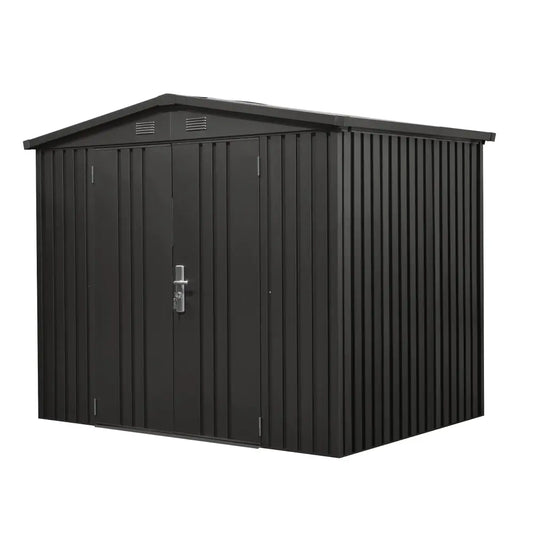 TMG-MS0608-PRO 6x8 Pro Series galvanized metal shed with 79 inch apex roof, vents, and 50x68 inch lockable door for secure weather-resistant outdoor storage