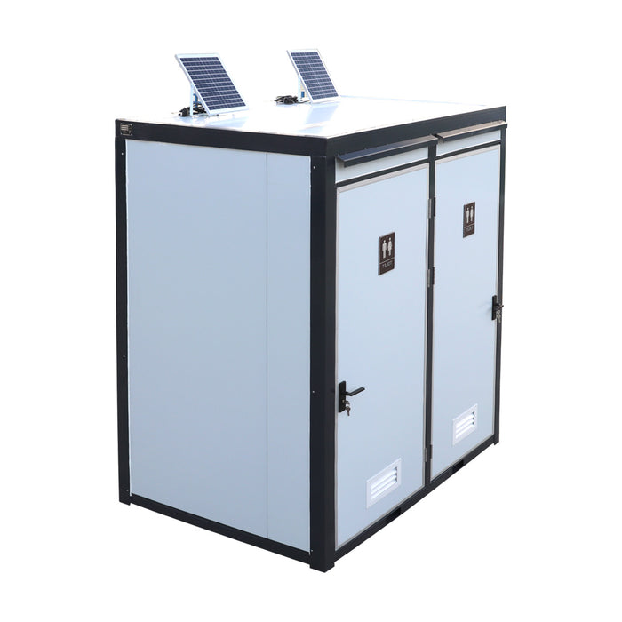 TMG-FTD07 7ft portable restroom with two private stalls, ceramic toilets, triangular sinks, and solar exhaust fan in durable steel frame