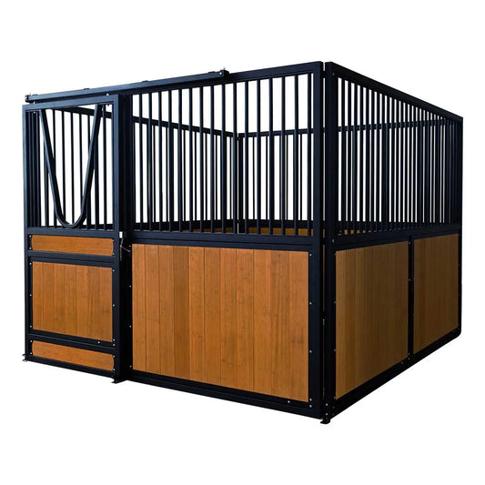 9' x 10' pre-built bamboo horse stall with vertical bar top, sliding door, powder-coated steel frame, and U-shaped opening for horse comfort – ideal for barns and stables.

