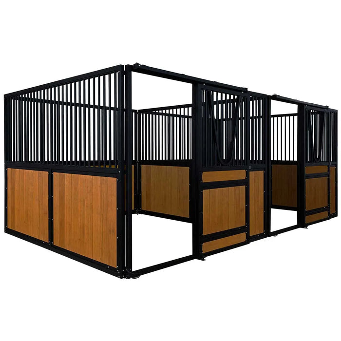 9' x 10' pre-built bamboo horse stall with vertical bar top, sliding door, powder-coated steel frame, and U-shaped opening for horse comfort – ideal for barns and stables.