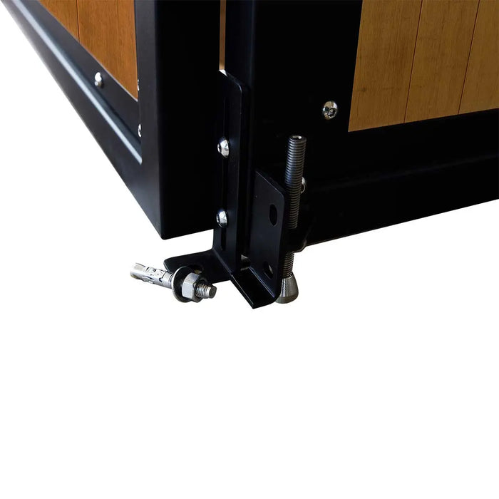 9' x 10' pre-built bamboo horse stall with vertical bar top, sliding door, powder-coated steel frame, and U-shaped opening for horse comfort – ideal for barns and stables.