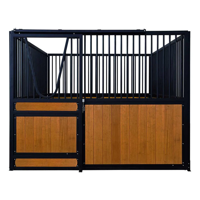 9' x 10' pre-built bamboo horse stall with vertical bar top, sliding door, powder-coated steel frame, and U-shaped opening for horse comfort – ideal for barns and stables.