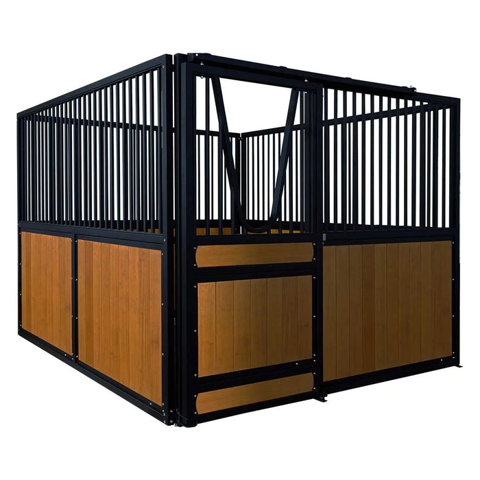 9' x 10' pre-built bamboo horse stall with vertical bar top, sliding door, powder-coated steel frame, and U-shaped opening for horse comfort – ideal for barns and stables.
