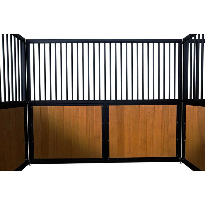 9' x 10' pre-built bamboo horse stall with vertical bar top, sliding door, powder-coated steel frame, and U-shaped opening for horse comfort – ideal for barns and stables.