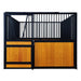 9' x 10' pre-built pine lumber horse stall with vertical bar top, sliding door, U-shaped opening, and powder-coated steel frame – modular panels for barn installation.