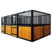 9' x 10' pre-built pine lumber horse stall with vertical bar top, sliding door, U-shaped opening, and powder-coated steel frame – modular panels for barn installation.
