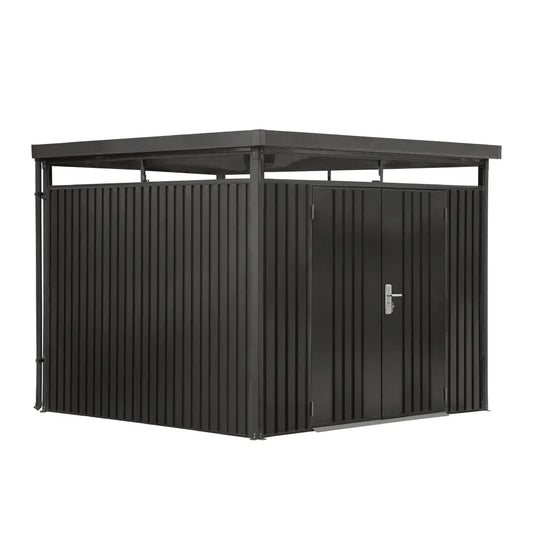 TMG-MS0909-PRO 9x9 Pro Series galvanized metal shed with skylight windows, vents, and 59x70 inch lockable door for secure outdoor storage