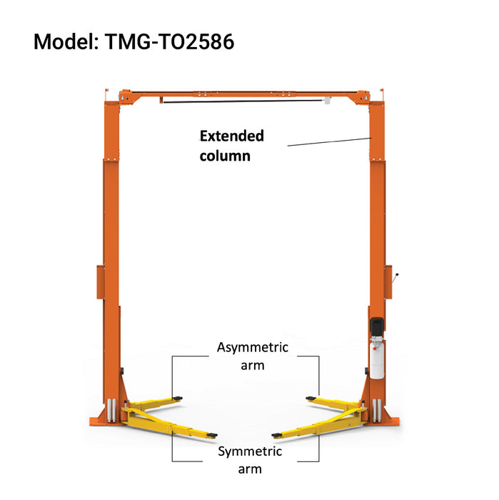 TMG-TO2586 ALI certified 10,000 lb two-post overhead auto lift, 73" lift height, extended columns (Torin T10000-2OH-33-T2OH-2)
