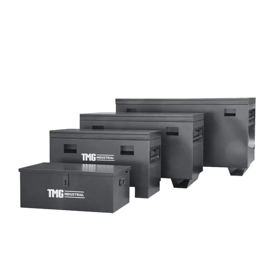 Set of 4 construction job site steel storage boxes with built-in carrying handles and forklift channels, sizes 30" to 60" – TMG-CJB30, TMG-CJB36, TMG-CJB45, TMG-CJB60.