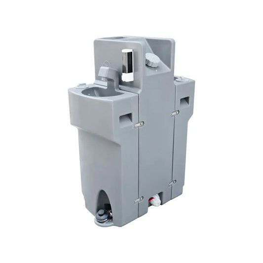 TMG-FMW20 Portable Handwash Station with dual 17 Gallon fresh water tanks and a 35 Gallon waste tank, designed for 2-person use in high-traffic environments, offering convenience, hygiene, and easy transport.