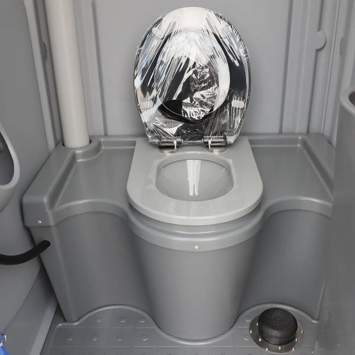 TMG-FMT10F Portable Toilet with urinal, soap dispenser, flush system, 50 Gallon waste tank, and 12 Gallon fresh water tank, ideal for outdoor events and construction sites.