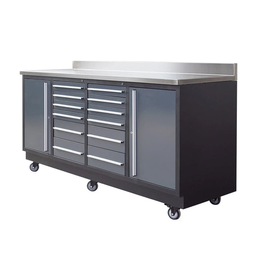 Pro Series 7-Ft 12-Drawer Workbench with Stainless Steel Top, Ball Bearing Double Slides & Casters, TMG-WB712
