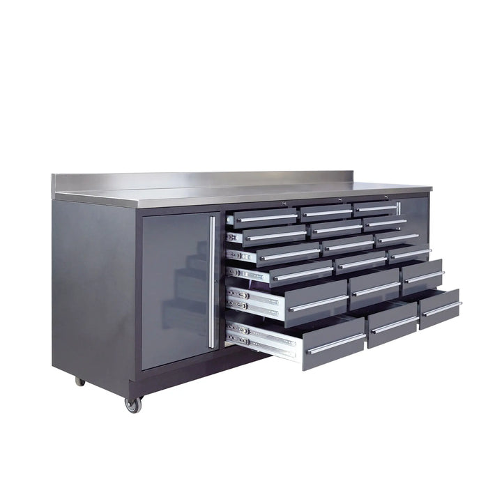 Pro Series 9-Ft 18-Drawer Workbench with Stainless Steel Top, Ball Bearing Double Slides & Casters, TMG-WB918
