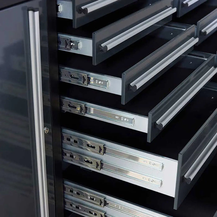 Pro Series 9-Ft 18-Drawer Workbench with Stainless Steel Top, Ball Bearing Double Slides & Casters, TMG-WB918