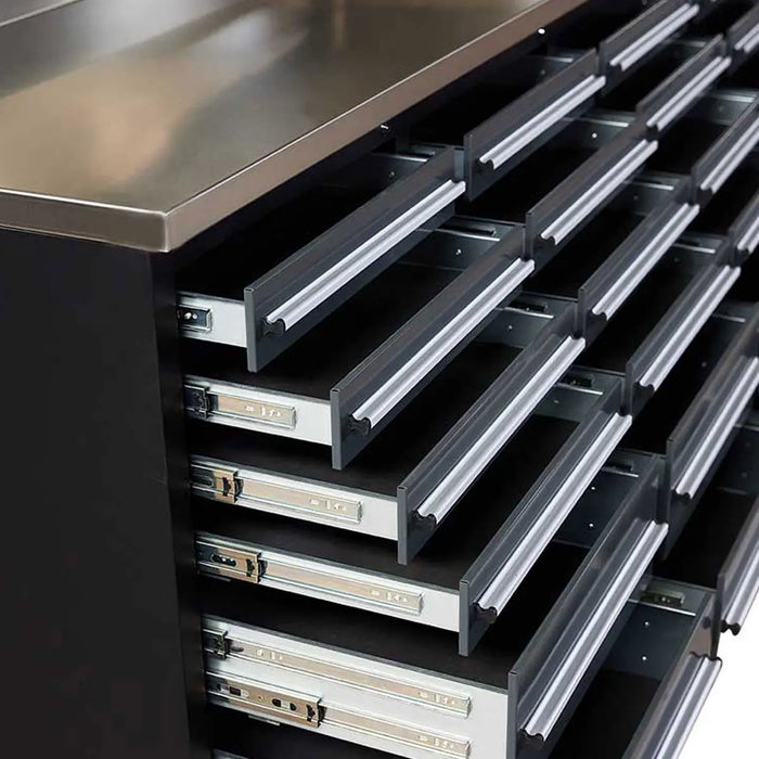Pro Series 9-Ft 30-Drawer Workbench with Stainless Steel Top, Ball Bearing Double Slides & Casters, TMG-WB930