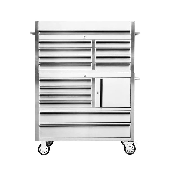 Pro Series 41” Stainless Steel Tool Chest Cabinet – 14 Drawers, Top Lid, and Caster Wheels, TMG-SC4114