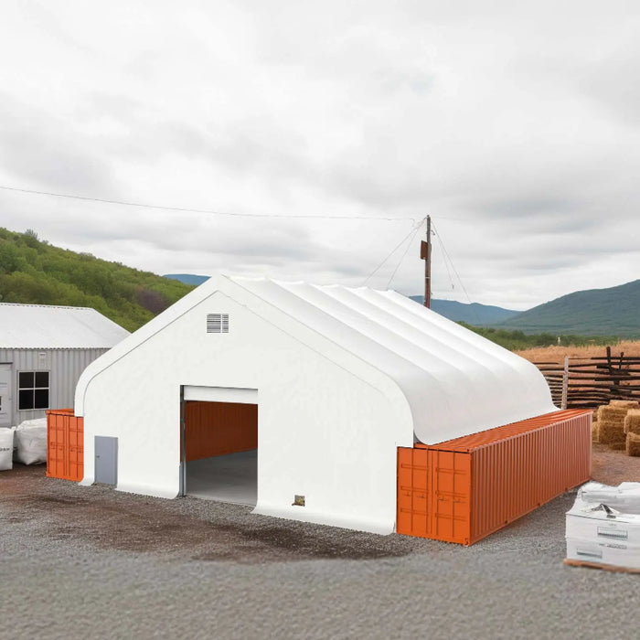 Pro Series 50' x 40' Fully Enclosed Dual Truss Container Shelter with Heavy Duty 32 oz PVC Cover, Front Wall and Back Wall, TMG-DT5040CG