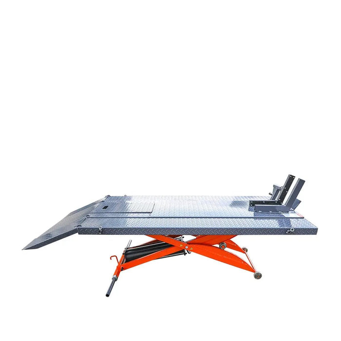 TMG Industrial 1000 lb Portable Motorcycle/ATV Scissor Lift, 44” Work Platform, 10” Side Panel Extensions, Front Vise Kit, TMG-1000PML