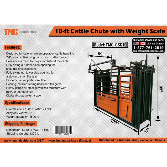 TMG Industrial 10’ Cattle Work Chute 4500-lb Weight Scale, Side Exit, Upper/Lower Swing Openings, LCD Weight Display, TMG-CSC10