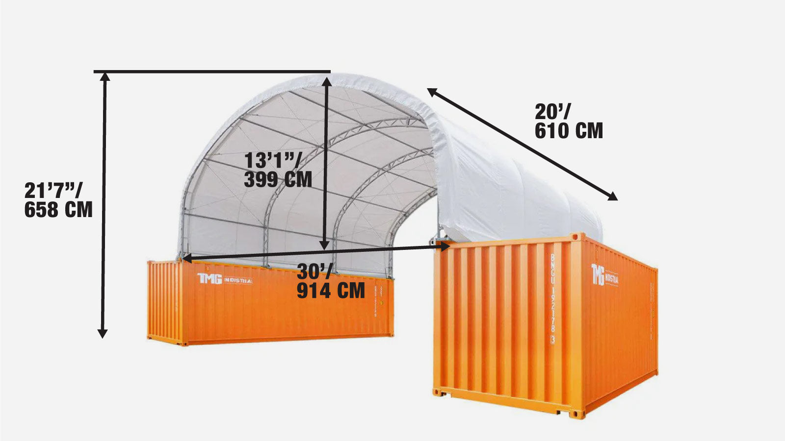 9x6m Double Truss Storage Shelter for 20ft Container, 580gsm PVC Fabric Cover, TMG-DT3020C-specifications-image
