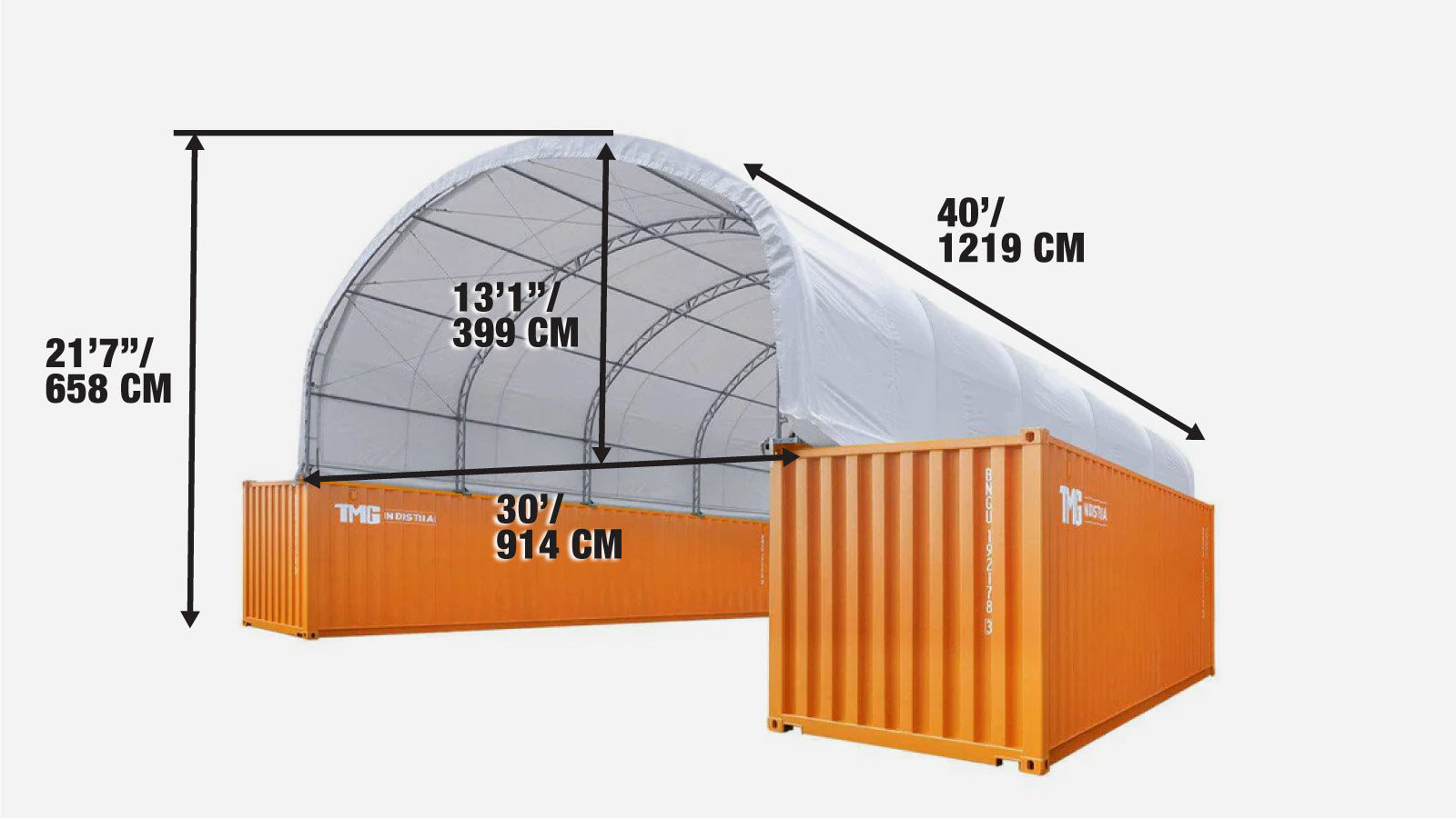 9 x 12m Double Truss Storage Shelter for 40 ft Container, 580 gsm PVC Fabric Cover, TMG-DT3040C-specifications-image