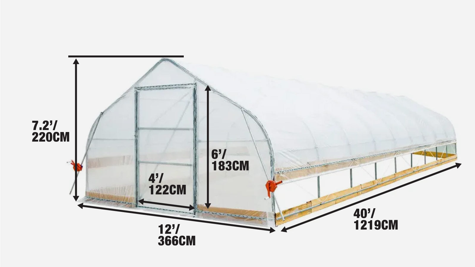 Tunel szklarniowy 12' x 40' z przezroczystą folią EVA o grubości 6 mil, inspekt, zwijane boki korbą ręczną, dach szczytowy, TMG-GH1240-specifications-image