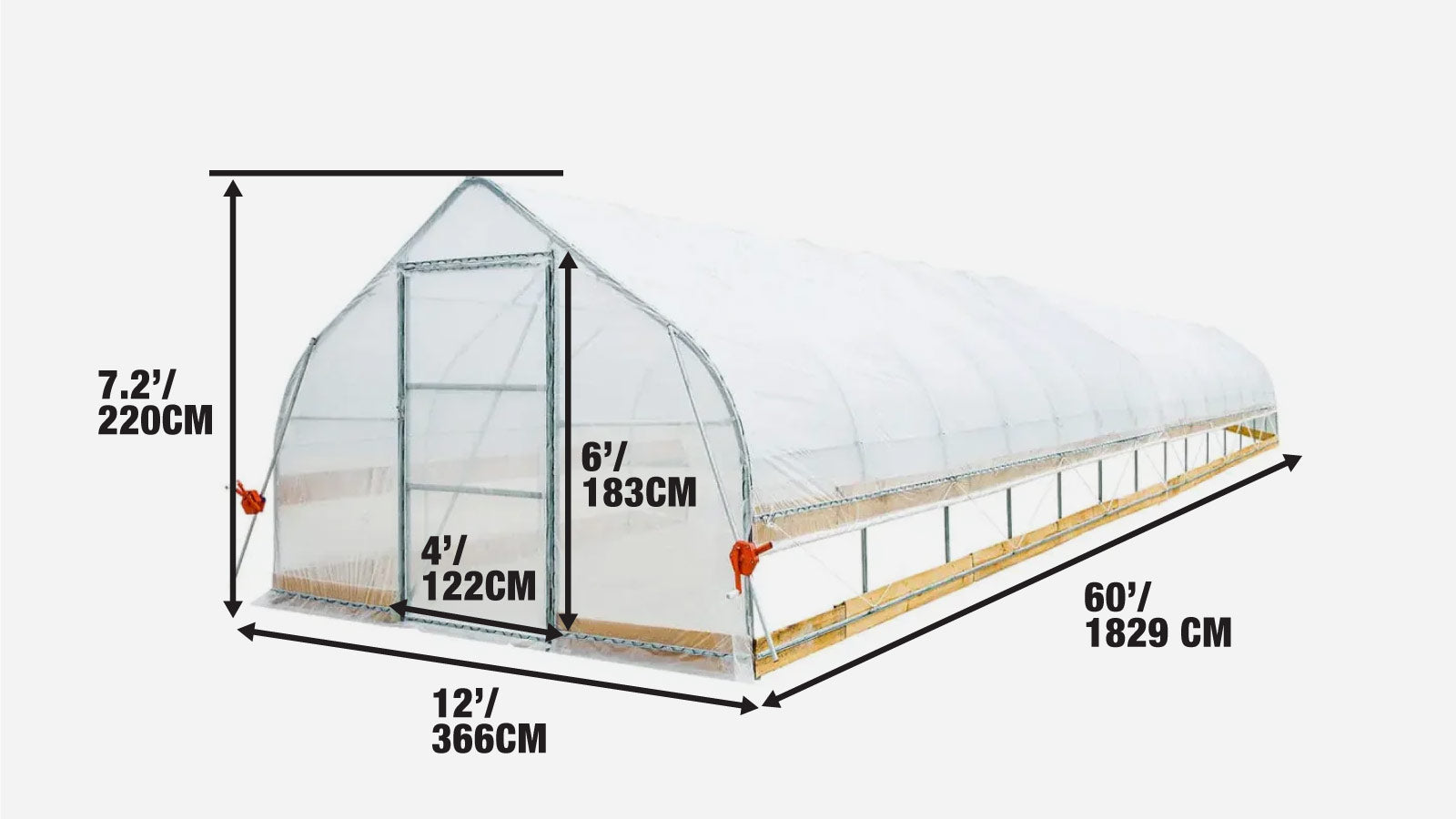 Tunel szklarniowy 12' x 60' z przezroczystą folią EVA o grubości 6 mil, inspekt, zwijane boki korbą ręczną, dach szczytowy, TMG-GH1260-specifications-image