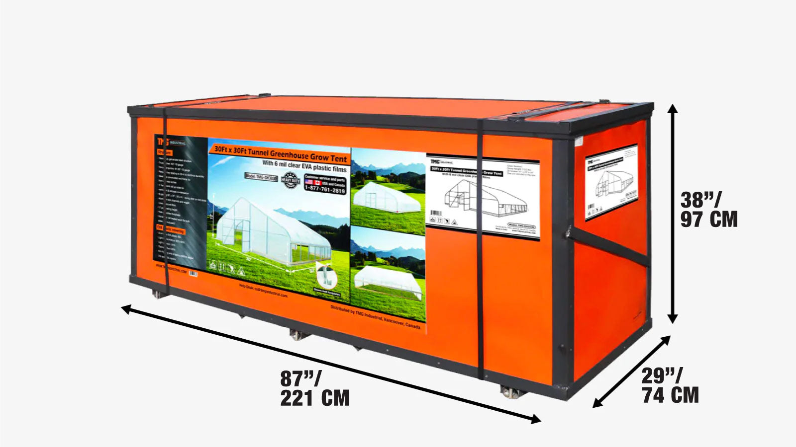 Szklarnia tunelowa 30' x 30' z przezroczystymi osłonami z tworzywa sztucznego o grubości 6 mil i zwijanymi bokami TMG-GH3030-shipping-info-image