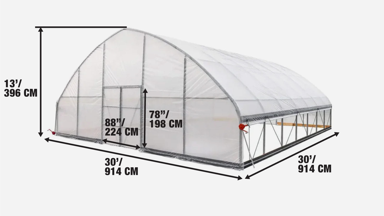 Szklarnia tunelowa 30' x 30' z przezroczystymi osłonami z tworzywa sztucznego o grubości 6 mil i zwijanymi bokami TMG-GH3030-specifications-image