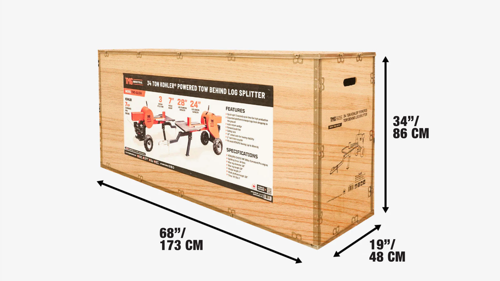 Łuparka do drewna holowana do 34 ton pojazdów ATV/UTV, silnik benzynowy Kohler o mocy 7 KM, pojemność kłody 28 cali, cykl roboczy 3 sekundy, TMG-GLS34-shipping-info-image