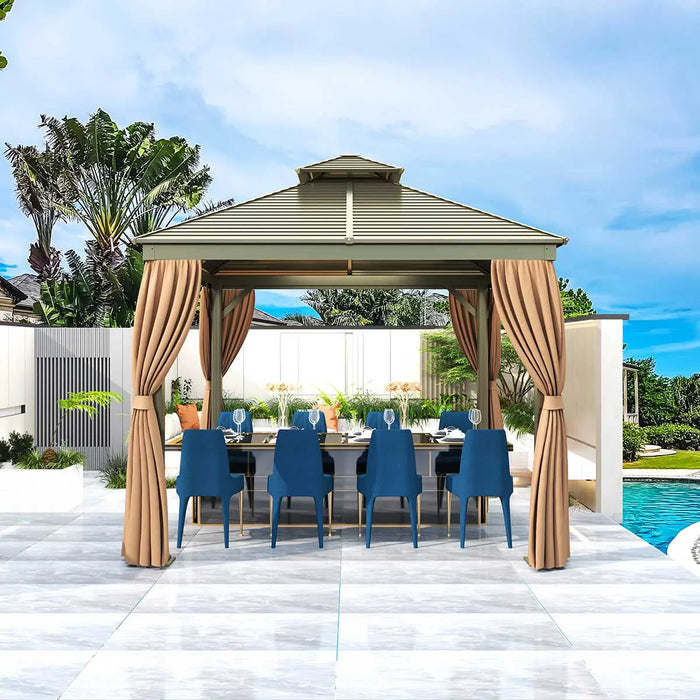 TMG Industrial 10’ x 10’ Hardtop, Double Tier Steel Roof Patio Gazebo, Mosquito Nets & Curtains Included, TMG-LGZ11