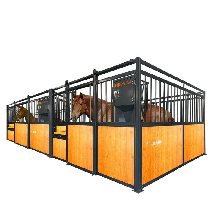 TMG Industrial 12’ Horse Stall Pine Lumber Panel, Vertical Bar Top & Wood-Filled Bottom, Front panel c/w Window/Feeder and Sliding Door, TMG-FHS12A and FHS12B