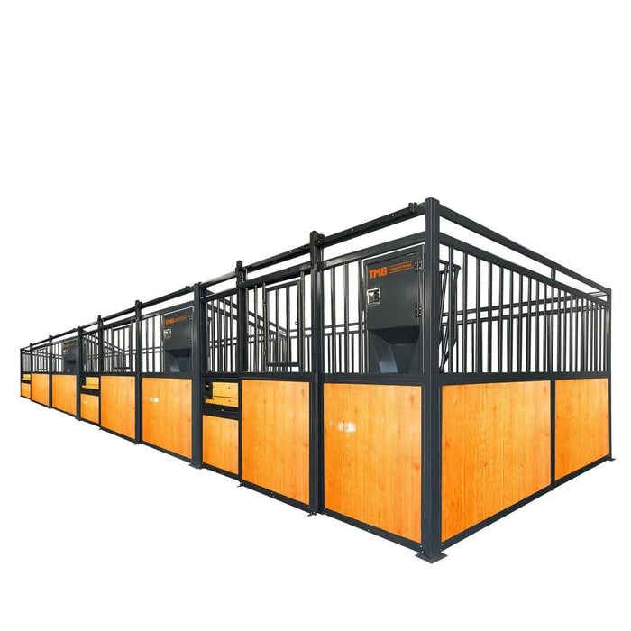TMG Industrial 12’ Horse Stall Pine Lumber Panel, Vertical Bar Top & Wood-Filled Bottom, Front panel c/w Window/Feeder and Sliding Door, TMG-FHS12A and FHS12B